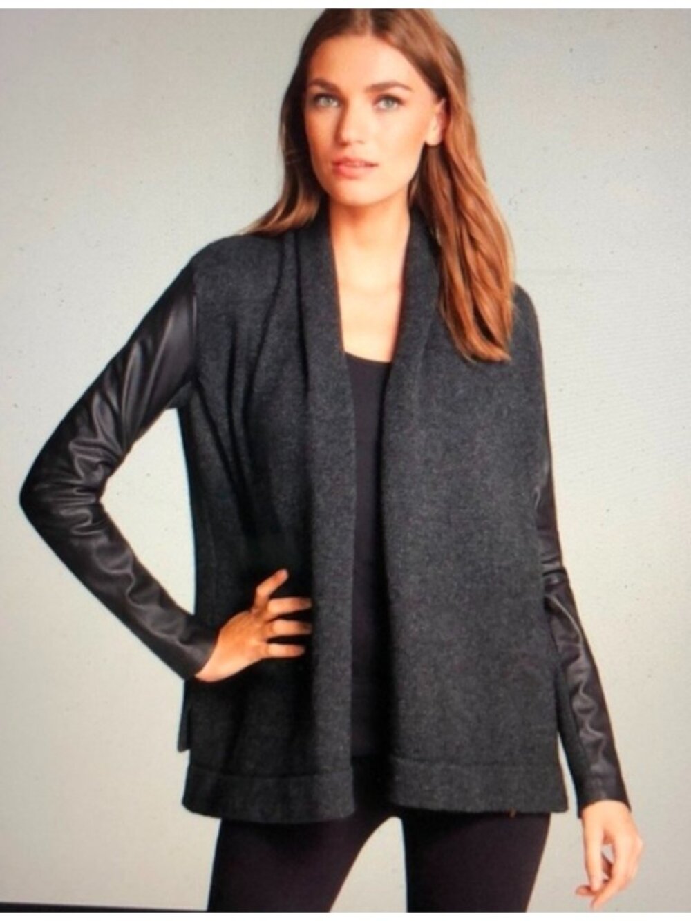 Vince Wool Yak Knit Cardigan Lamb Leather Sleeves Charcoal Gray Size S